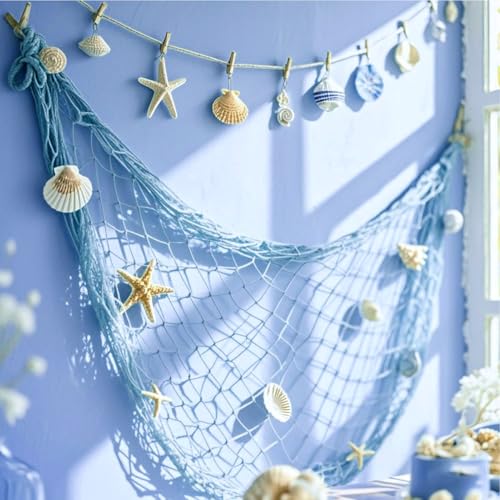 ITEFDTUTNE Natural Fishing Net Decor with Shells, Soft Cotton Rope Ocean Themed Mesh Wall Hanging Fish Net Decoration for Home Wedding Birthday Party Beach (Blue)