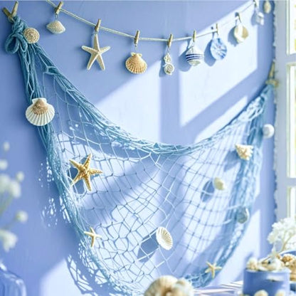 ITEFDTUTNE Natural Fishing Net Decor with Shells, Soft Cotton Rope Ocean Themed Mesh Wall Hanging Fish Net Decoration for Home Wedding Birthday Party Beach (Blue)