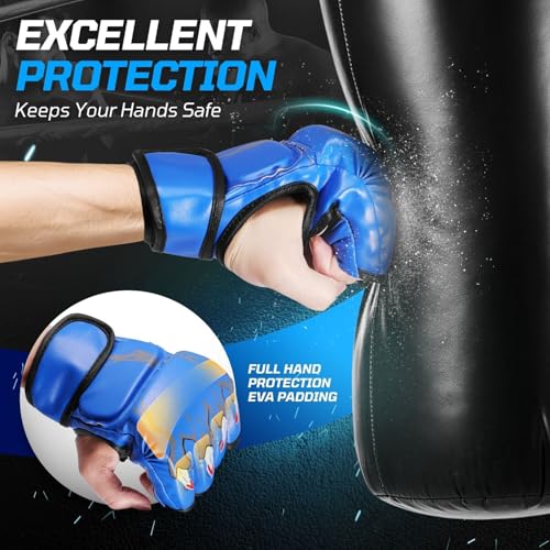 Flexzion MMA Gloves Fingerless Boxing Gloves for Men Women and Teen Youth, UFC Grappling Krav MAGA Kickboxing Gloves for Training Punching Bag Muay Thai Hitting Mitts Cutoff Martial Art Gloves - color: Blue