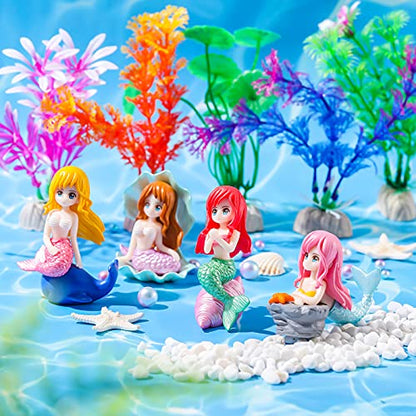 Jetec 9 Pieces Fish Tank Cute Mermaid Ornament and Simulated Seaweed for DIY Craft Aquarium Desk Theme Thematic Decoration Pet Accessories