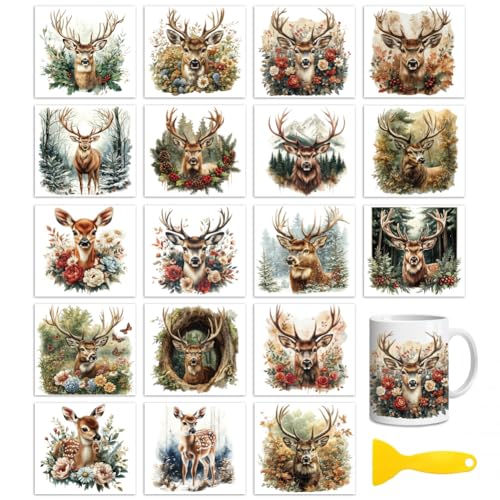 Peacoblue 18 Sheets Rub on Transfers for Crafts, Deer and Forest 3.6"x3.9" UV DTF Cup Wraps Waterproof Rub on Cold Transfers Stickers for Wood Glass Metal Cup Tumblers Mirrors Mugs Home Decor - style: Deer and Forest
