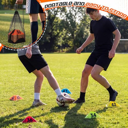 Liliful 50 Pack 1-50 Numbered Sports Cones Bulk, Triangular Soccer Cones for Training Agility Drills with Storage Mesh Bag for Football Practice Coaching Marker Equipment Basketball