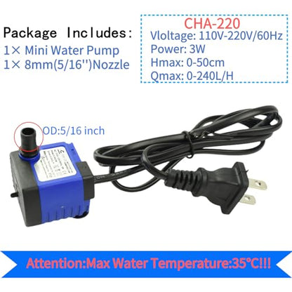 Conquerall CHA-220 240L/H 60GPH AC 110V Submersible Pump 3W Mini Ultra Quiet Water Pump 1.64ft High Lift for Fish Tanks, Small Ponds, Fountains, Water Features, Statues, Hydroponics and Pet Fountains - size: 60GPH-3W