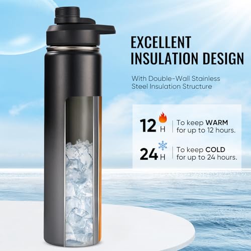 Fijinhom 24 oz Insulated Water Bottle with Handle, 304 Stainless Steel Water Bottles with 2 Lids, Double Wall Vacuum Sports Water Cup with Straw, BPA Free, Keep Cold and Hot, Black/Gray - color: 2 Lids - Black/Gray, size: 24 Ounces