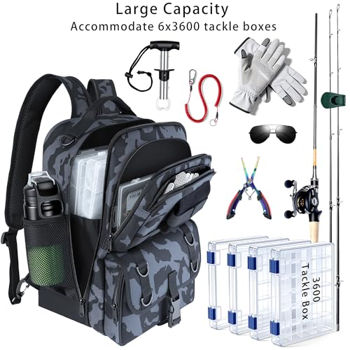 Fishing Backpack with Tackle Boxes,Fishing Sling Tackle Bag with Rod Holder Waterproof Fishing Bag with Fishing Gear, Fishing Gifts for Men Women Gear Combo Kit,Camouflage Gray - color: Camouflage Gray