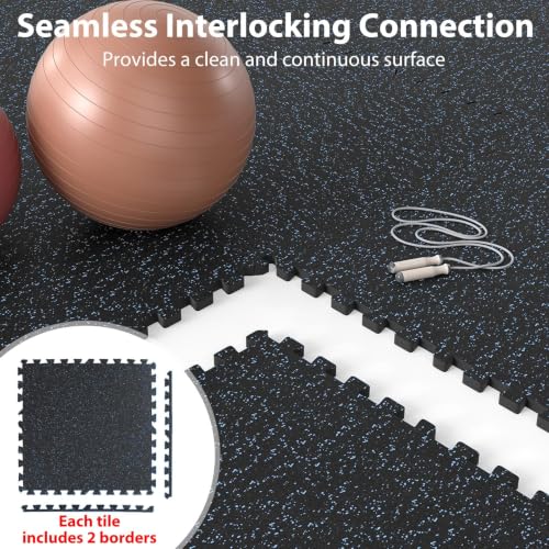 Giantex 36-Pack Interlocking Rubber Gym Floor Mats, 0.4'' Thick 24''x24'' Puzzle Tiles with Border Strips, 144 sq.ft Anti-Slip, Noise-Reducing Flooring for Home Workout Exercise (Black/Blue Speckled) - size: 0.4'' | 36 Tiles | 144 Sq Ft