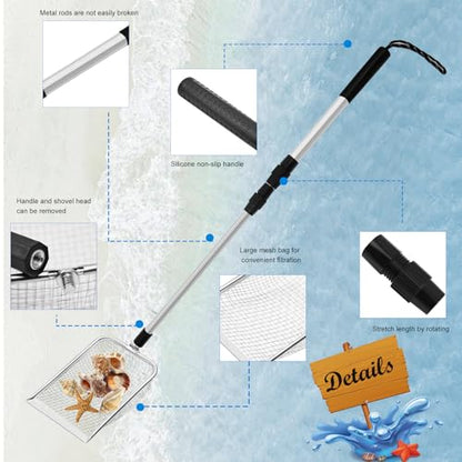 4pcs Shelling Scooper Tools for Beach, Adjustable Shark Tooth Sand Sifter with Mesh Shell Collecting Bag Foldable Beach Bucket Beach Scoop Shovel Toys for Adults Kids Picking Seashell Rock Hunting(B) - color: Blue
