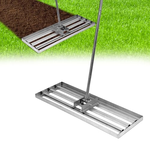 Lawn Leveling Rake,Steel Leveling Rake for Soil,Yard Dirt Leveling Rakes for Grass,Lawn Leveling Tool with Adjustable Handle (Sliver Steel 30”x10”)