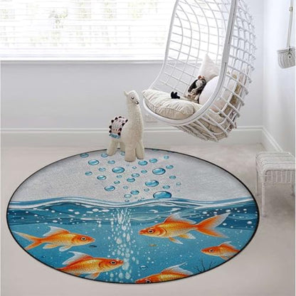 Aquarium Round Office & Gaming Chair Mat for Hardwood Floors, GoldenFish WaterScene Non-Slip Protector for Rolling Chairs,Protect The Floor from Scratches, Orange Gold Blue Diameter 55 in