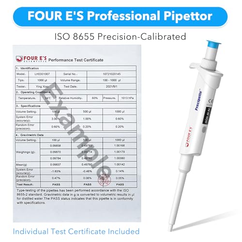 FOUR E'S SCIENTIFIC 20-200μL Pipette, Professional Single-Channel Pipettor Lightweight High Accurate Adjustable Variable Volume Micro Pipette with Calibration Certificate (Model LH0301006)