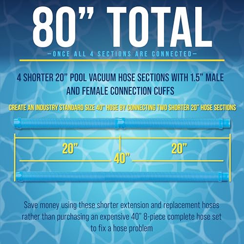 U.S. Pool Supply Professional Swimming Pool Vacuum Cleaner Hoses, Shorter 20" Sections, 4 Pieces - Extension Replacement Hoses 1.5" Cuffs Flexible Spiral Wound - Fits Most Brands of Automatic Cleaners