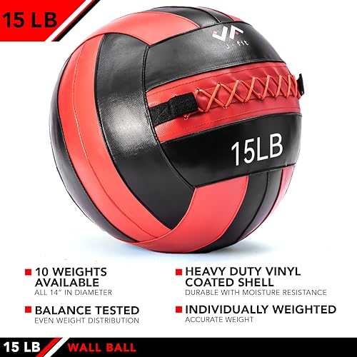 JFit Wall Ball – Premium Soft Weighted Exercise Ball for Strength, Conditioning, Gym & Home Workouts, 4-30 LB - color: Red/Black, style: 15-Pound
