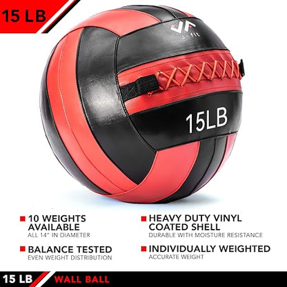 JFit Wall Ball – Premium Soft Weighted Exercise Ball for Strength, Conditioning, Gym & Home Workouts, 4-30 LB - color: Red/Black, style: 15-Pound