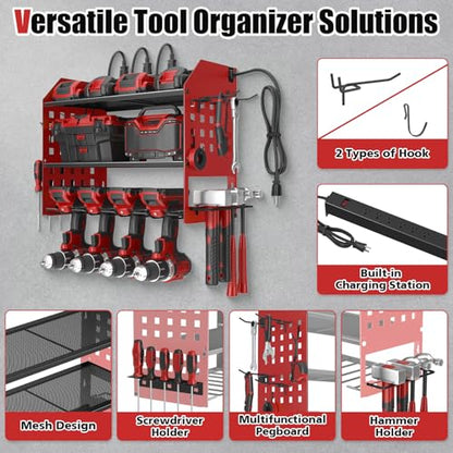 SUNALLY Power Tool Organizer Wall Mount with Charging Station,3 Layer, Red - style: 4 Drill Holders F