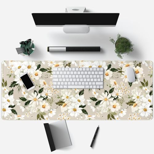 Daisy Floral Daisies Large Mouse Pad Watercolor Flowers Desk Mat, Washable Mousepad LYC Cloth Stitched Edges Women Girls Gaming Mousepad Computer Pc Laptop Desk Mat 31.5 X 11.8 in - color: Beige