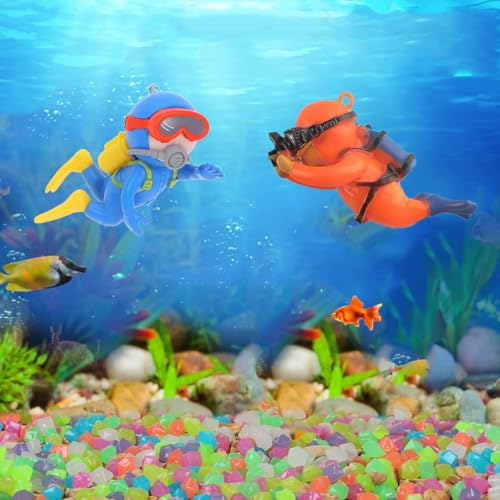 Muzero Fish Tank Decorations Aquarium Floating Diver,100 Luminous Stone Glow in The Dark Pebble and 2 Floating Ornaments Accessories for Fish Tank Decor