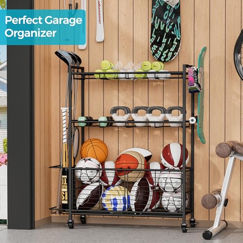 Sports Equipment Storage Rack with Wheels, 3-Tier Ball Organizer - size: 31" Wide