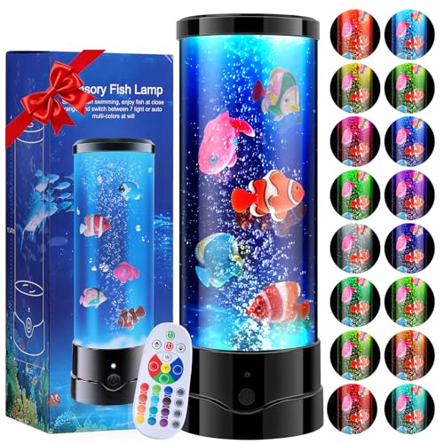 LED Aquarium Bubble Fish Tank Table Lamp, Birthday Gifts for Adults Kids Teens, Relaxing 16 Color Remote Fake Fish Sensory Night Light for Kids' Room Bedroom Home Decor, Stress Relief