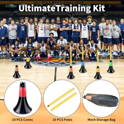 Obstacle Cones for Basketball Football and Sports Training, 10pcs Cones and 10pcs Poles with Carry Bag, Basketball Cones and Soccer Agility Poles for Soccer Basketball Speed Training
