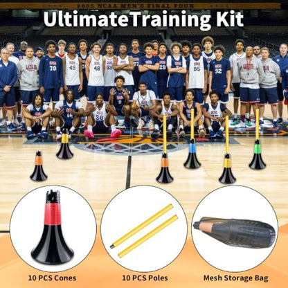 Obstacle Cones for Basketball Football and Sports Training, 10pcs Cones and 10pcs Poles with Carry Bag, Basketball Cones and Soccer Agility Poles for Soccer Basketball Speed Training