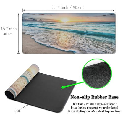 Keyboard Mats Desk Accessories Kit Gaming Mousepad Big Mouse Pads Pc Desk Mat Full Desk Mat Waterproof Non-Slip Rubber Base 35.4" X 15.7" for Game Office, Beach Sunset Ocean Waves - color: Beach