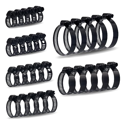 30pcs Black Hose Clamps 6-51mm(1/4"-2") Adjustable Range 304 Stainless Steel Worm Gear Hose Clamps 6 Sizes Assortment Kit for Plumbing, Automotive, Mechanical Applications (Black)