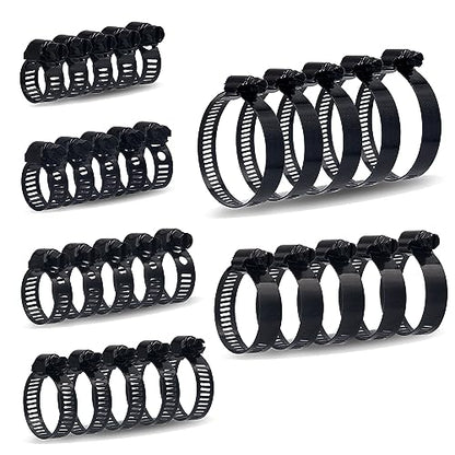 30pcs Black Hose Clamps 6-51mm(1/4"-2") Adjustable Range 304 Stainless Steel Worm Gear Hose Clamps 6 Sizes Assortment Kit for Plumbing, Automotive, Mechanical Applications (Black)