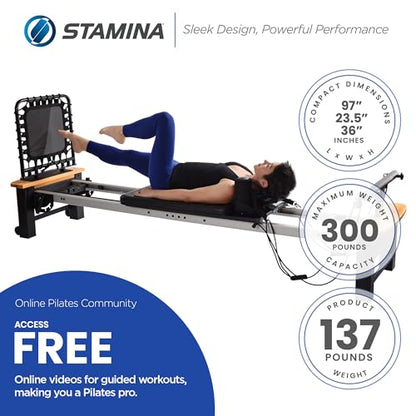 Stamina Products AeroPilates Board Reformer with Oak Wood Base – Studio Grade for Home Use with Cardio Rebounder, Adjustable Foot Bar, 4 Resistance Springs, and Workout DVD - style: AeroPilates Pro XP 556 Home Pilates Reformer with Free-Form Cardio Reboun