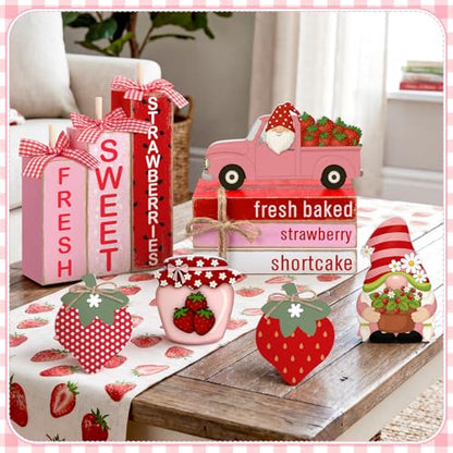 11 Pcs Strawberry Table Decorations Set Strawberry Tiered Tray Decor Spring Summer Wooden Top Farmhouse Rustic Wooden Coffee Table Centerpieces for Home Kitchen Office Decorations - style: Strawberry