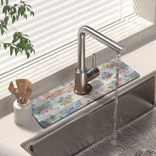 Kitchen Sink Splash Guard Faucet Mat 15" X 5.5" Wooden Floral Absorbent Fast Drying Mat Faucet Draining Mat Sink Splash Guard Behind Faucet Drip Catcher for Kitchen Bathroom - color: wood floral, size: 15*5.5in