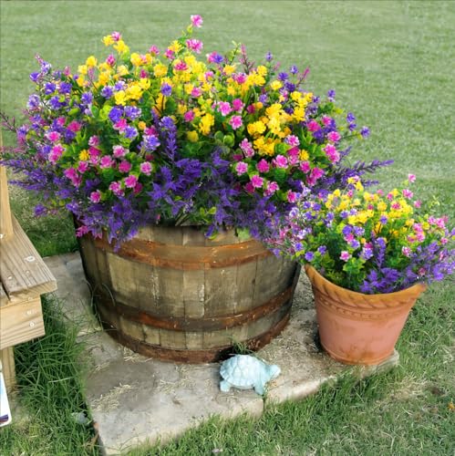 Hananona 12 Pcs Artificial Flowers Outdoor, Faux Artificial Plants UV Resistant Plastic Flower Bulk for Hanging Planter Porch Window Home Wedding Fall Summer Decor (12, Fuchsia, Purple, Yellow, Green)