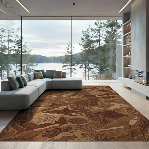 6'x9' Washable Graphic Fish Area Rug, Brown Non-Shedding Pet Friendly Room Rug for Queen Size Bedroom, Under Bed, Master Suite, Foldable Easy Care Carpet | Ref:2067561 - color: Brown/Pattern 23, size: 6' x 9' (Rectangular)