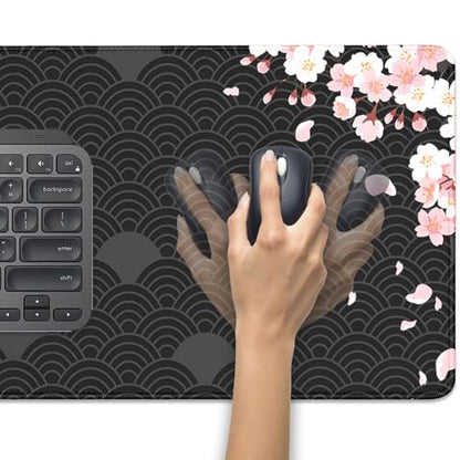 Black Watercolor Cherry Blossom Desk Pad Mouse Pad,Large Gaming Mouse Mat with Stitched Edges,Non-Slip Waterproof Rubber Base Mousepad for Office Work Home Desk Mat(27.5X11.8 in)
