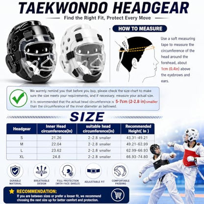 Youth & Adults Taekwondo Headgear – Adjustable MMA Helmet with Removable Face Shield & Ultra-Soft Padding for Kickboxing, Muay Thai, Combat Training - color: BLACK, size: Large