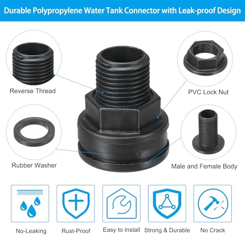 PATIKIL Polypropylene Bulkhead Fitting 1/2", Bulkhead Water Tank Connector with Silicone Seal Gasket Garden Hose Fitting for Rain Bucket, Sinks, Aquariums, Black