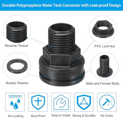 PATIKIL Polypropylene Bulkhead Fitting 1/2", Bulkhead Water Tank Connector with Silicone Seal Gasket Garden Hose Fitting for Rain Bucket, Sinks, Aquariums, Black