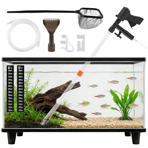 Aquarium Gravel Cleaner, Fish Tank Cleaner Kit, Aquarium Manual Press Noiseless Water Changer, Including Net,Thermometers & Cleaning Accessories for Fish Tank Maintenance