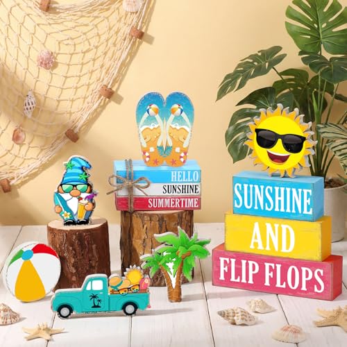 11 Pcs Summer Decorations Set Sunshine Tiered Tray Decor Hello Sweet Summer Wooden Blocks Flip Flops Coconut Tree Centerpiece for Home Office Decorations - style: Hawaiian