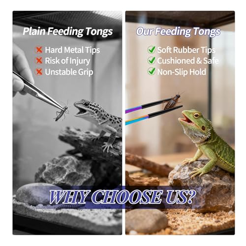 2PCS Reptile Feeding Tongs,10.6" Extra Long Stainless Steel Tweezers with Rubber Tips, Bearded Dragon Lizards Aquarium Straight and Curved Tweezers for Snake Feeding, Terrarium, Aquarium(Colorful)