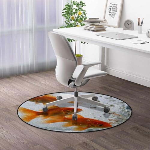 Aquarium Round Area Chair Mat for Hardwood Floors, Golden Carp Swivel Chair Protector, Protect The Floor from Scratches, Orange Gold White Diameter 59 in