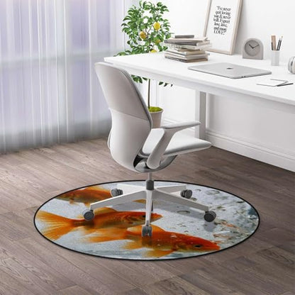 Aquarium Round Area Chair Mat for Hardwood Floors, Golden Carp Swivel Chair Protector, Protect The Floor from Scratches, Orange Gold White Diameter 59 in
