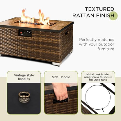 2-Piece Outdoor Propane Fire Pit Table w/Tank Holder, 32inch Handmade Rattan Wicker Firepit Ceramic Tabletop with Steel Lid 40,000 BTU Rectangle Fire Table Set for Patio, Deck, Backyard (Brown) - size: 32"