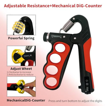 Senston Grip Strength Trainer 2 Pack, Adjustable 11-220lbs with Counter | 2-Pack Set / 11-220 lbs Adjustable / Auto Rep Counter / Four-Finger Design / Non-Slip Grip - color: Red