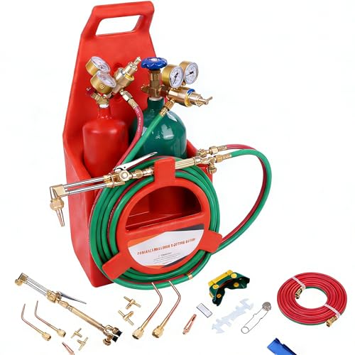 Professional Portable Oxy-Acetylene Torch Kit | Complete Welding & Cutting Set with Empty Oxygen/Acetylene Tanks, Dual Gauge Regulators, Hoses & Tote | for Brazing, Metal Cutting, Shaping & Repair - color: RedA