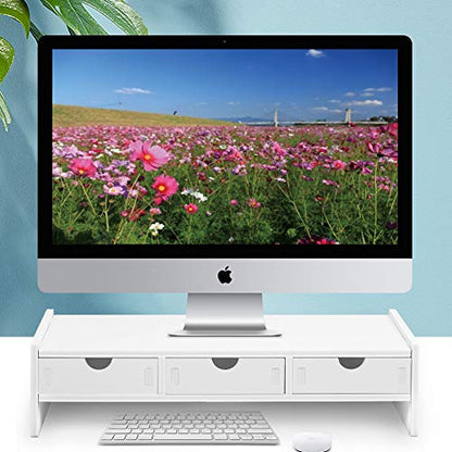 valen Monitor Stand Riser, Computer Laptop Riser Shelf with 3 Organizer Drawers (White, 19.5" L x 7.5" W x 4.7" H) (White)