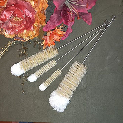 NewFerU Stainless Steel Soda Bottle Cleaning Brush Set in Natural Boar Bristle Wool Tip Long Handle, Flexible Bendable Thick Wire Cleaner for Narrow Neck Water Baby Bottles Straw Pipe Tube Flask (4)