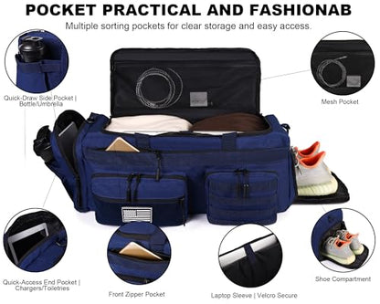 LHI 50L Tactical Duffle Bag for Men, 3-in-1 Gym Duffle and Backpack, Shoe Compartment, Laptop Sleeve and MOLLE, Carry-On Travel Weekender and Overnight Bag – Blue - color: Blue