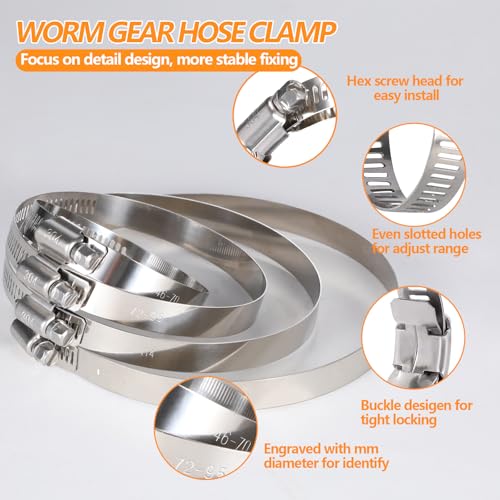 12Pack 2.5 inch Hose Clamp, Adjustable 304 Stainless Steel Duct Clamps Hose Clamp from 1-13/16"-2-3/4"/46-70mm, Metal Worm Drive Gear Duct Clamp for Air Ducting, Dryer Vent Hose, Fuel Line, Plumbing - size: 2.5inch(1-13/16"—2-3/4"/46-70mm)