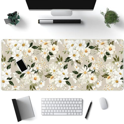 Daisy Floral Daisies Large Mouse Pad Watercolor Flowers Desk Mat, Washable Mousepad LYC Cloth Stitched Edges Women Girls Gaming Mousepad Computer Pc Laptop Desk Mat 31.5 X 11.8 in - color: Beige