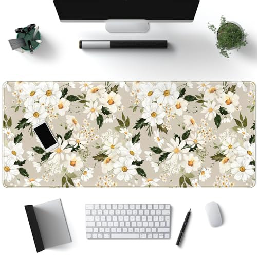 Daisy Floral Daisies Large Mouse Pad Watercolor Flowers Desk Mat, Washable Mousepad LYC Cloth Stitched Edges Women Girls Gaming Mousepad Computer Pc Laptop Desk Mat 31.5 X 11.8 in - color: Beige
